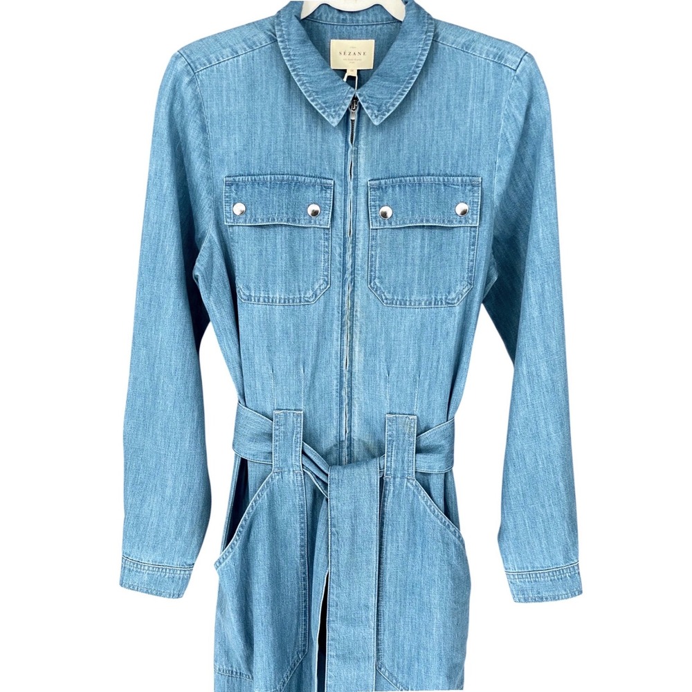 Sezane Denim Bob Jumpsuit Light Blue Wash Utility Long Sleeve Tie Waist US 6 NEW - Picture 6 of 14